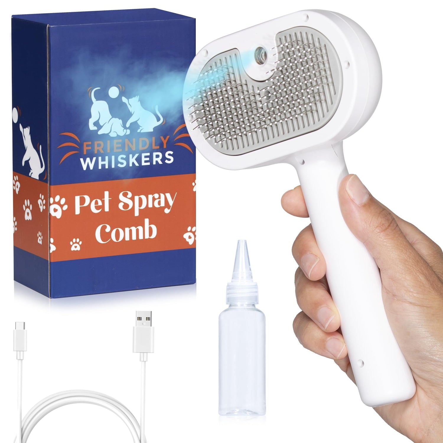 Friendly Whiskers Cat Steam Brush Dog Brush for Shedding. Use on Long &amp; Short Haired Pets. Steam Brush for Dogs. Cat Brush making Cat Grooming simple and easy. Self-Cleaning Pet Comb with Water Tank