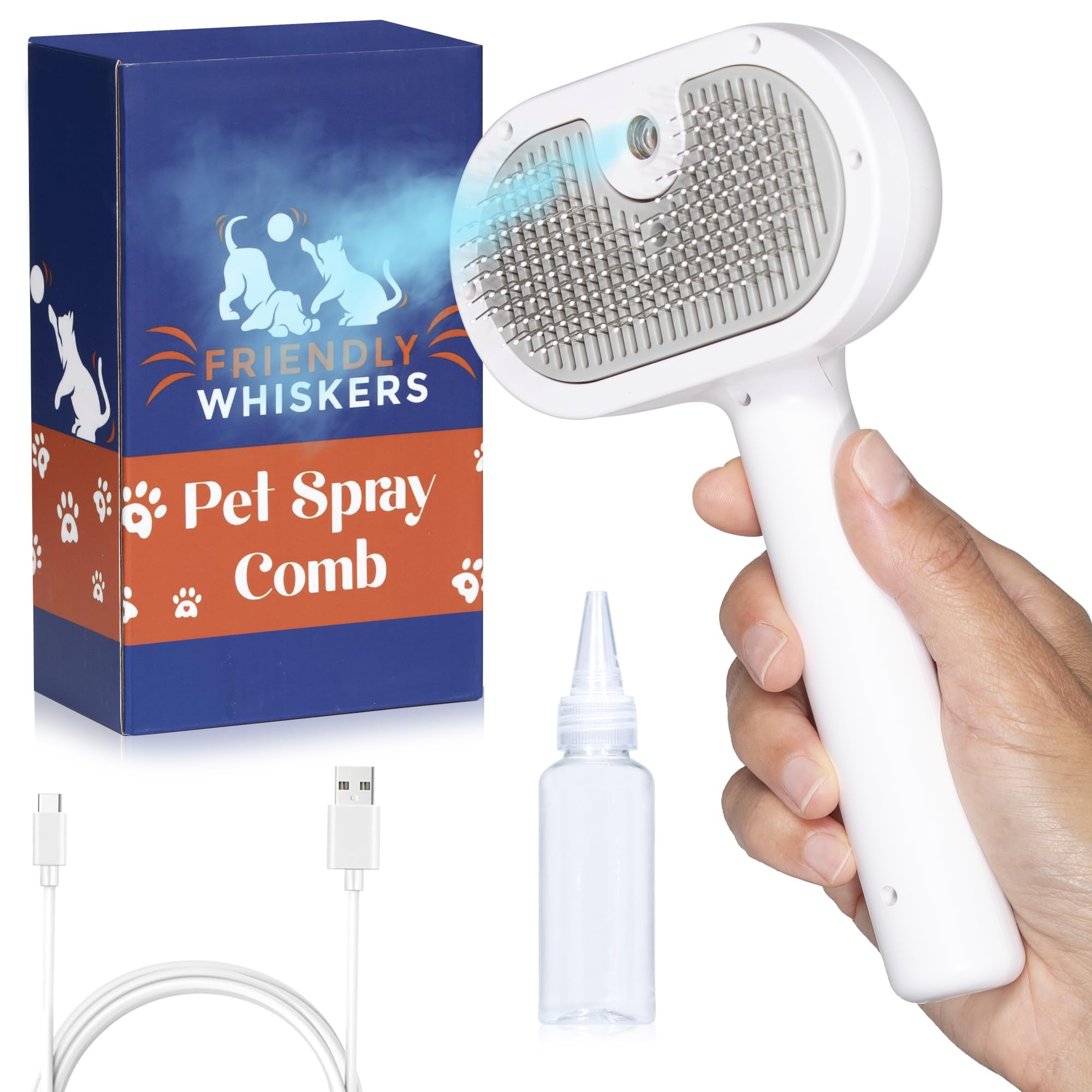 Friendly Whiskers Cat Steam Brush Dog Brush for Shedding. Use on Long &amp; Short Haired Pets. Steam Brush for Dogs. Cat Brush making Cat Grooming simple and easy. Self-Cleaning Pet Comb with Water Tank