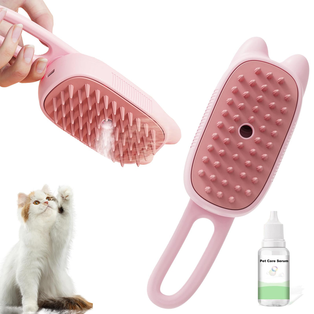 KSIEE Cat Steam Brush 3 in 1 Multifunctional Silicone Steam Brush for Dogs Advanced Mist Technology for Shedding and Cleaning Pink