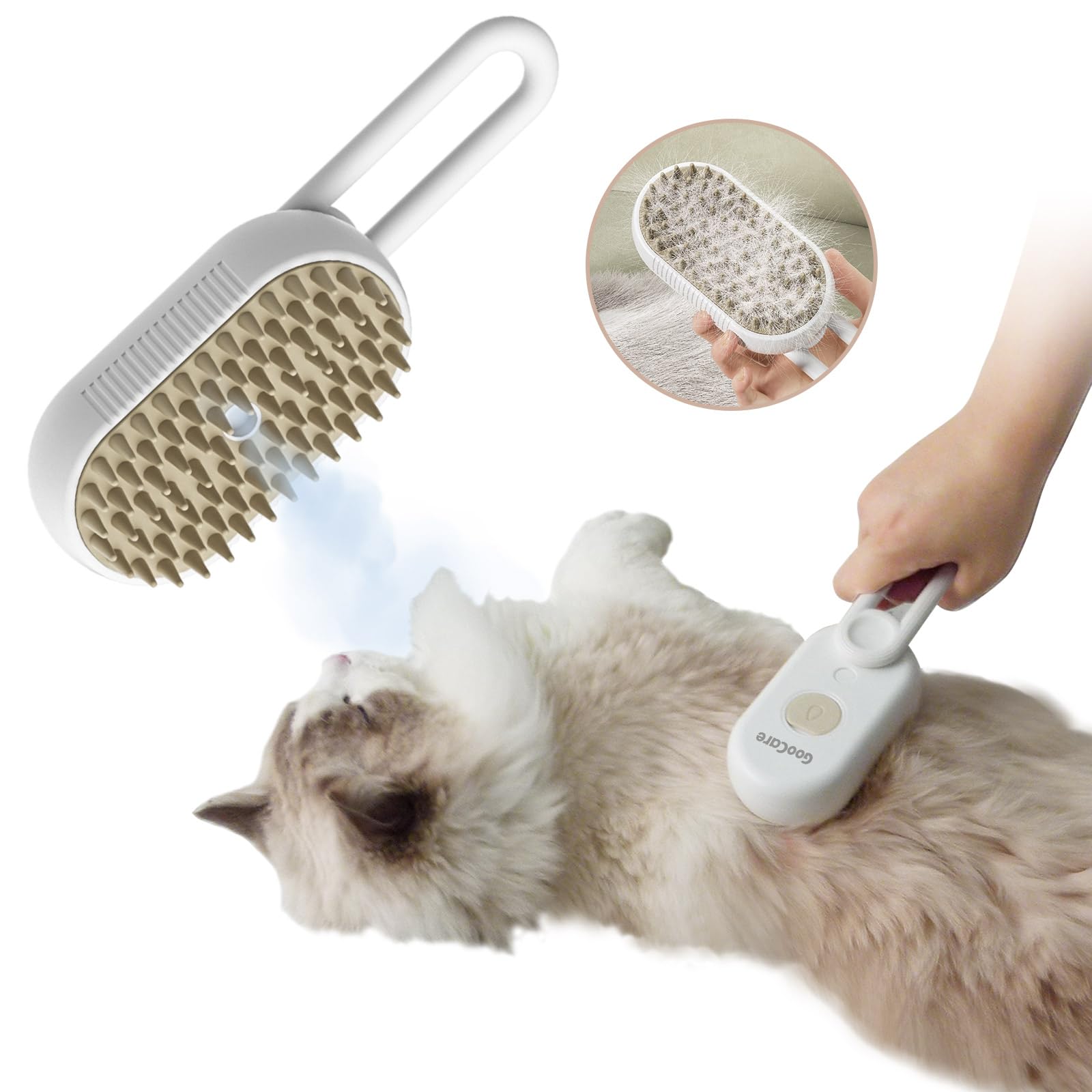 GooCare 2nd Generation 3-in-1 Cat Steam Brush for Shedding Pet Hair Removal Comb with Water Tank Spray Cat Brush for Pet Grooming Steamy Cat Brush for indoor Haired Cats Dogs and Rabbits (Beige)
